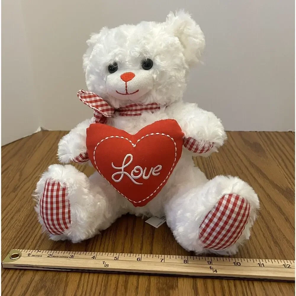 Burton + Burton White Plush Bear with Red Checked Accents Holding Heart 10 Inch